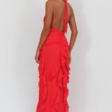 Libre Plunging Halter Ruffle Maxi Dress Red