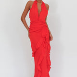 Libre Plunging Halter Ruffle Maxi Dress Red