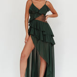 Amaretto Lace Waist Ruffle Maxi Dress Hunter Green