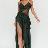 Amaretto Lace Waist Ruffle Maxi Dress Hunter Green