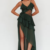 Amaretto Lace Waist Ruffle Maxi Dress Hunter Green