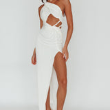 Kiah Twist Accent Thigh Split Midi Dress White