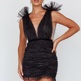 Ludivine Shoulder Accent Mesh Mini Dress Black Glitter