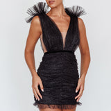 Ludivine Shoulder Accent Mesh Mini Dress Black Glitter