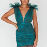 Ludivine Shoulder Accent Mesh Mini Dress Glitter Green