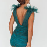 Ludivine Shoulder Accent Mesh Mini Dress Glitter Green