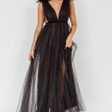 Ludivine Shoulder Accent Mesh Midi Dress Glitter Black