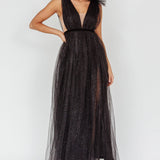 Ludivine Shoulder Accent Mesh Midi Dress Glitter Black