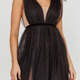 Ludivine Shoulder Accent Mesh Midi Dress Glitter Black