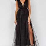 Ludivine Shoulder Accent Mesh Midi Dress Glitter Black