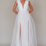 Ludivine Shoulder Accent Mesh Midi Dress Glitter White