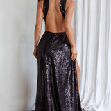 Kimba High Split Sequin Dress Black