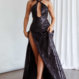 Kimba High Split Sequin Dress Black