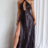 Kimba High Split Sequin Dress Black