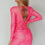 After Dark Long Sleeve Sequin Mini Dress Neon Pink