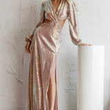 Inna Long Sleeve Cut-Out Maxi Dress Sequin Rose Gold