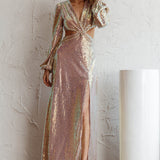 Inna Long Sleeve Cut-Out Maxi Dress Sequin Rose Gold