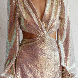 Inna Long Sleeve Cut-Out Maxi Dress Sequin Rose Gold