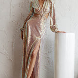 Inna Long Sleeve Cut-Out Maxi Dress Sequin Rose Gold