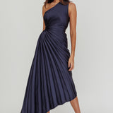 Brooklynn One-Shoulder Accordion Pleat Midi Dress Navy