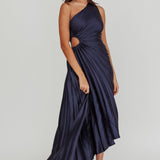 Brooklynn One-Shoulder Accordion Pleat Midi Dress Navy