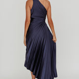 Brooklynn One-Shoulder Accordion Pleat Midi Dress Navy