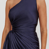 Brooklynn One-Shoulder Accordion Pleat Midi Dress Navy