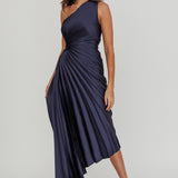 Brooklynn One-Shoulder Accordion Pleat Midi Dress Navy