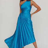 Brooklynn One-Shoulder Accordion Pleat Satin Midi Dress Teal