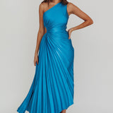 Brooklynn One-Shoulder Accordion Pleat Satin Midi Dress Teal