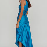 Brooklynn One-Shoulder Accordion Pleat Satin Midi Dress Teal