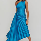 Brooklynn One-Shoulder Accordion Pleat Satin Midi Dress Teal