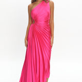 Brooklynn One-Shoulder Accordion Pleat Satin Midi Dress Fuchsia