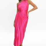 Brooklynn One-Shoulder Accordion Pleat Satin Midi Dress Fuchsia