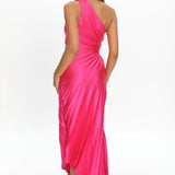 Brooklynn One-Shoulder Accordion Pleat Satin Midi Dress Fuchsia