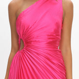 Brooklynn One-Shoulder Accordion Pleat Satin Midi Dress Fuchsia