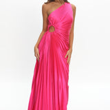 Brooklynn One-Shoulder Accordion Pleat Satin Midi Dress Fuchsia