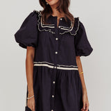 Late Spring Puff Sleeves Ruffle Mini Dress Navy
