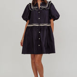 Late Spring Puff Sleeves Ruffle Mini Dress Navy