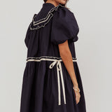 Late Spring Puff Sleeves Ruffle Mini Dress Navy