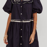 Late Spring Puff Sleeves Ruffle Mini Dress Navy