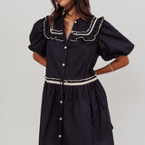 Late Spring Puff Sleeves Ruffle Mini Dress Navy