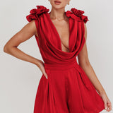 Superstar Draped Cowl Neck Rosettes Romper Wine