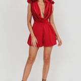 Superstar Draped Cowl Neck Rosettes Romper Wine