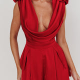 Superstar Draped Cowl Neck Rosettes Romper Wine