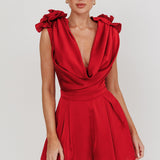 Superstar Draped Cowl Neck Rosettes Romper Wine