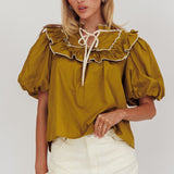 Remarkable Puff Sleeve Tied Neck Top Olive