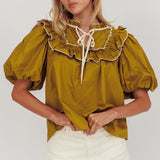 Remarkable Puff Sleeve Tied Neck Top Olive