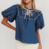 Remarkable Puff Sleeve Tied Neck Top Teal