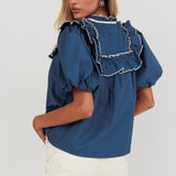 Remarkable Puff Sleeve Tied Neck Top Teal